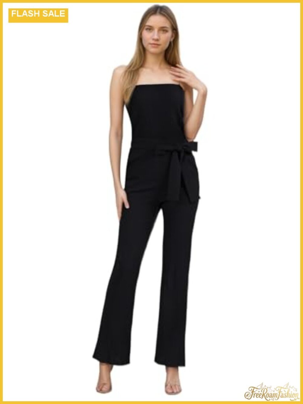 Women's Strapless Tube Jumpsuit Wide Leg Ribbed Smocked Romper